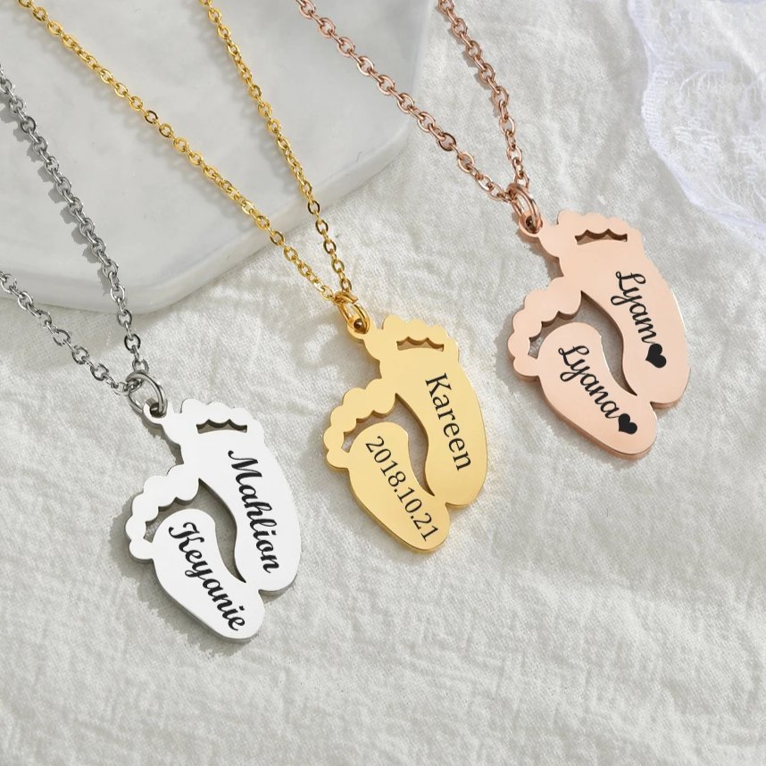 Personalized Engraved Baby Name Date Feet Necklace For Women Stainless Steel Custom Unisex Birthday DIY Jewelry Gift - Melcharm