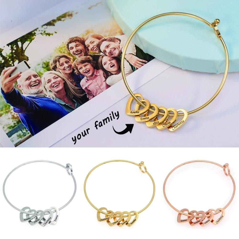 Personalized Family Name Bangle Fashion Bracelet With Heart Charm - Melcharm