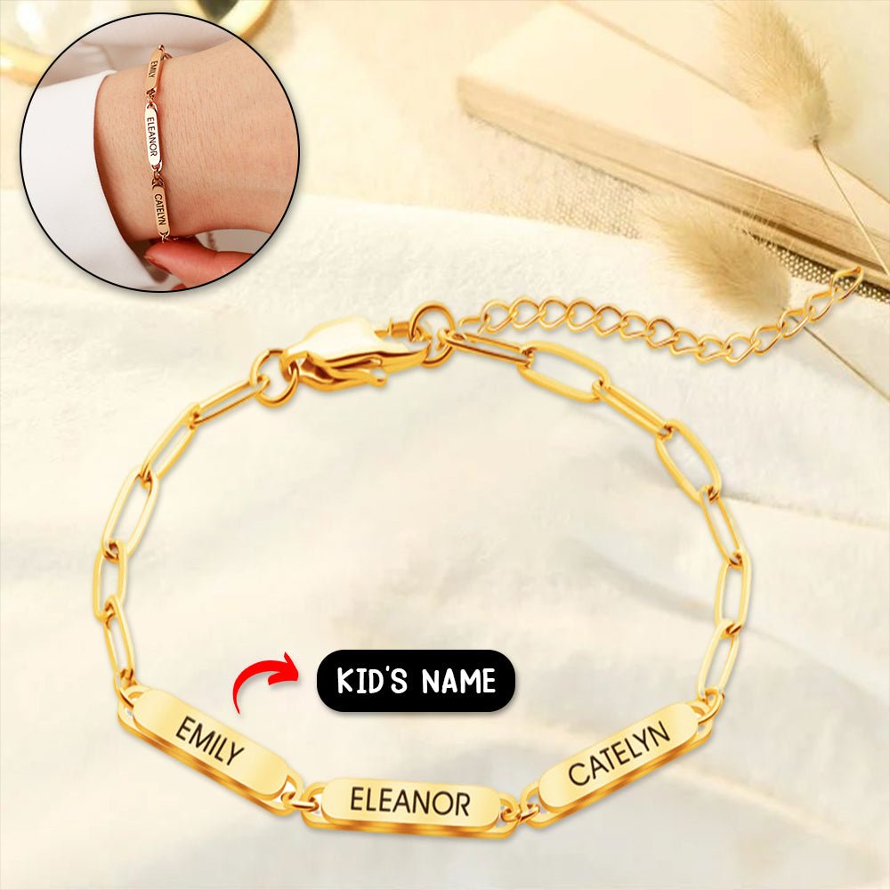 Personalized Family Name Bar Bracelet Engraved Charm with a Dainty Paperclip Chain - Melcharm