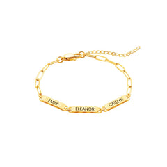 Personalized Family Name Bar Bracelet Engraved Charm with a Dainty Paperclip Chain - Melcharm