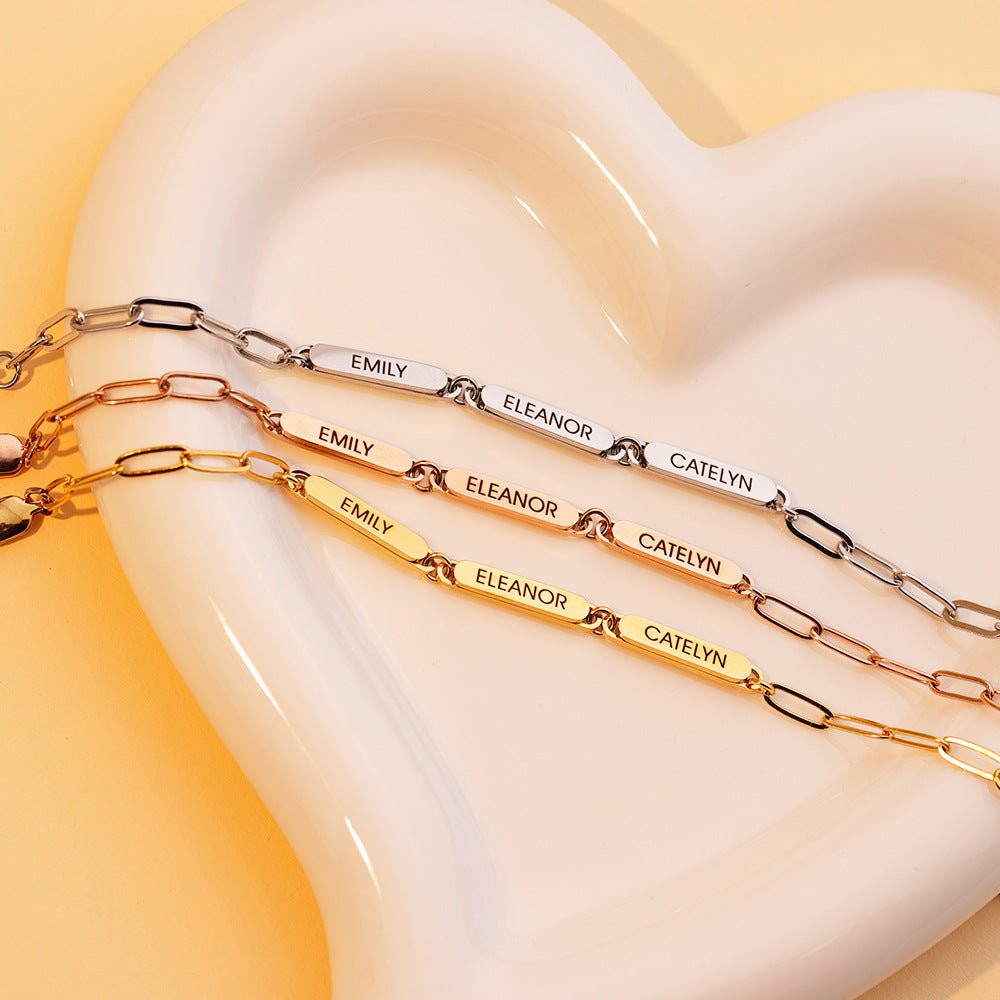 Personalized Family Name Bar Bracelet Engraved Charm with a Dainty Paperclip Chain - Melcharm