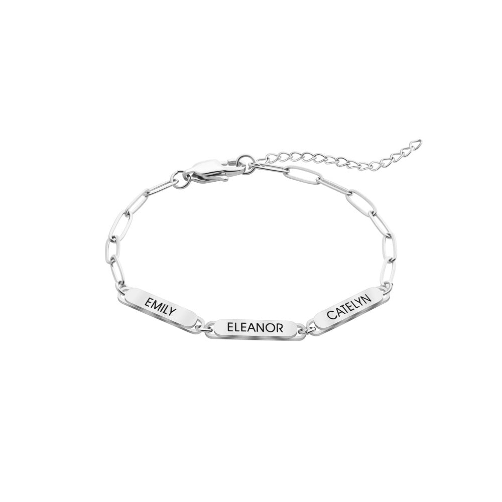 Personalized Family Name Bar Bracelet Engraved Charm with a Dainty Paperclip Chain - Melcharm