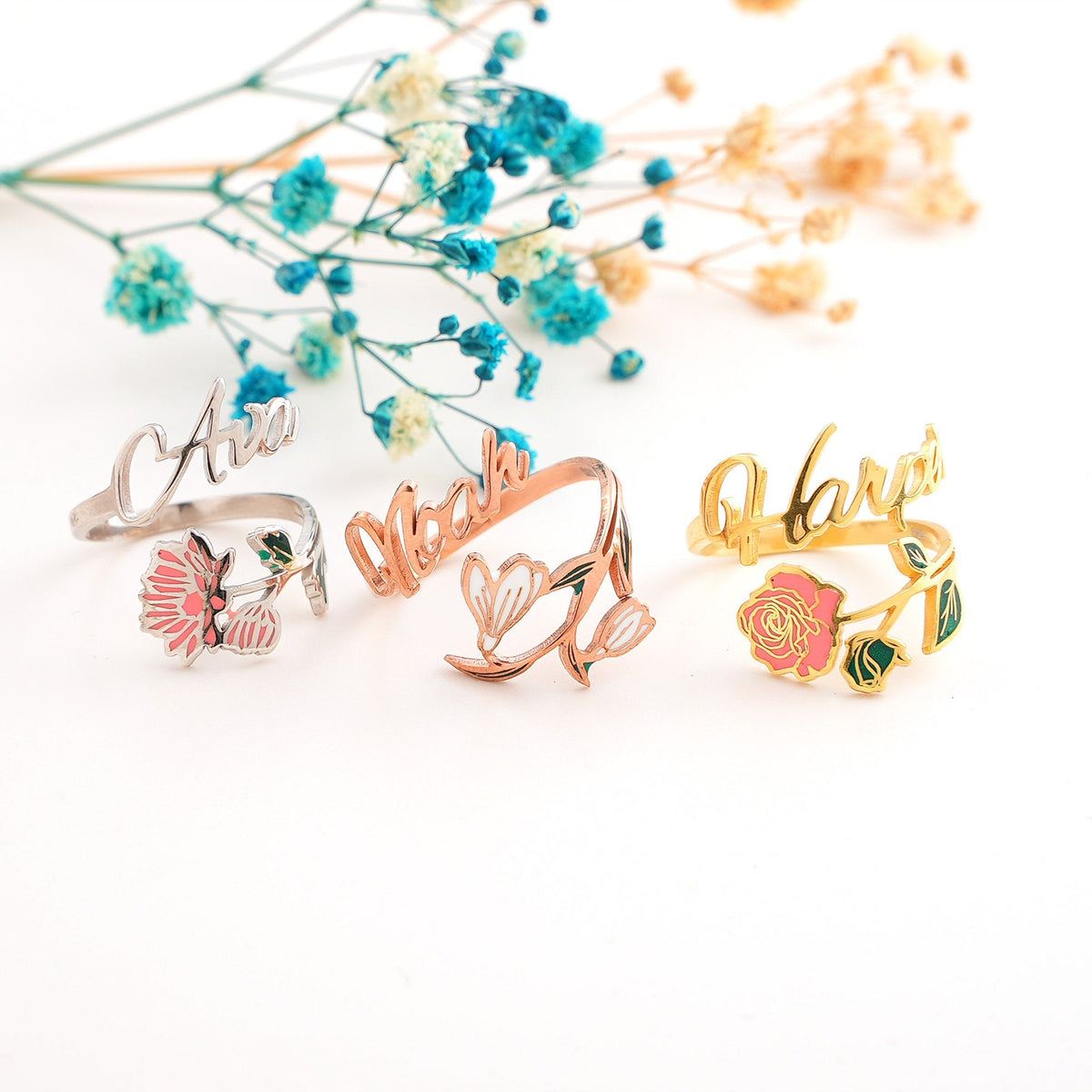 Personalized Name Birthday Gift Wildflower Birth Flower Ring - Melcharm