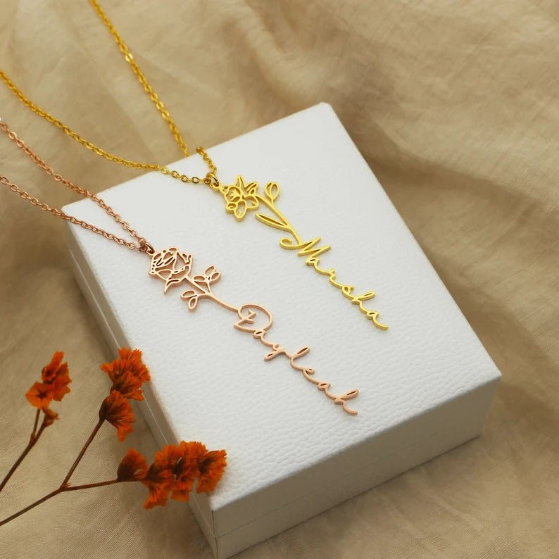 Personalized Name Necklace Birth Flower Custom Family Jewelry Mom's Gift - Melcharm