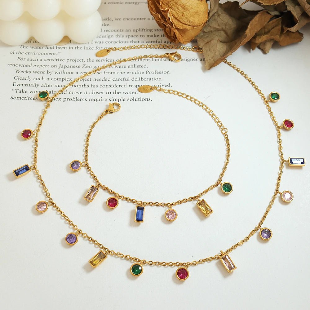 Rainbow Luxury Necklace Colorful Zircon Charm Bracelet Jewelry Set - Melcharm