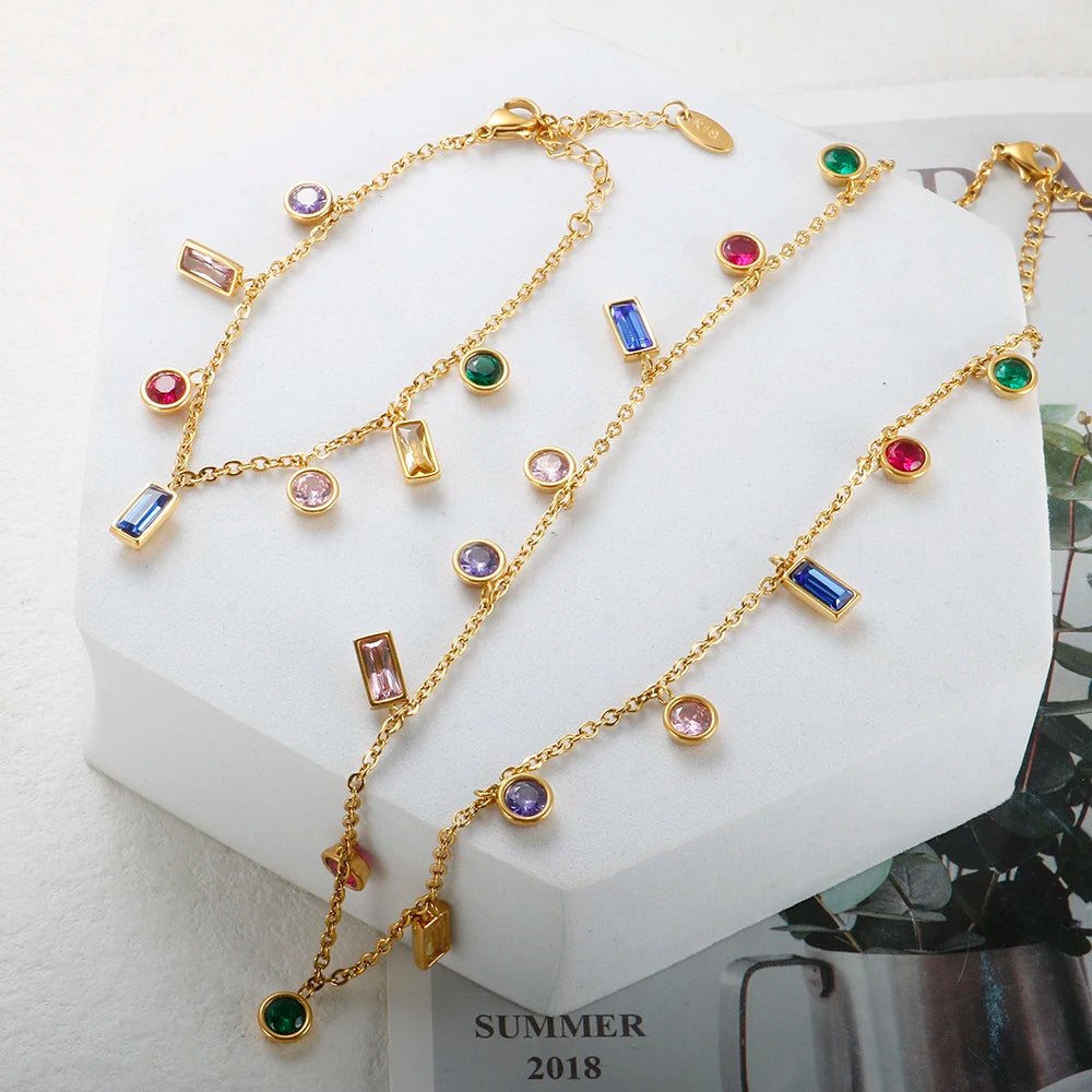 Rainbow Luxury Necklace Colorful Zircon Charm Bracelet Jewelry Set - Melcharm