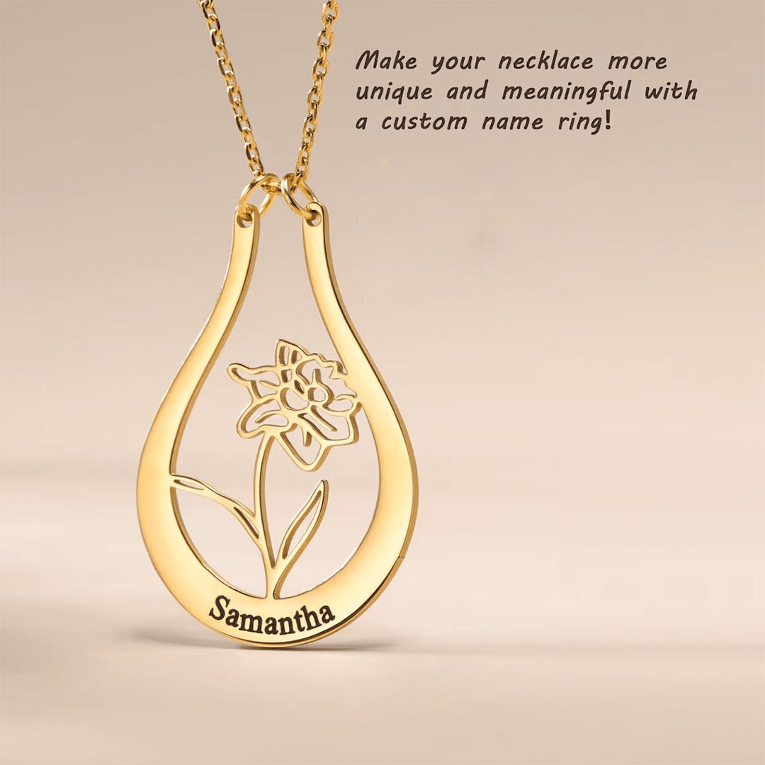 Ring Holder Necklace Personalized Name Birth Flower Ring Keeper Pendant - Melcharm