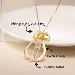 Ring Holder Necklace Personalized Name Birth Flower Ring Keeper Pendant - Melcharm