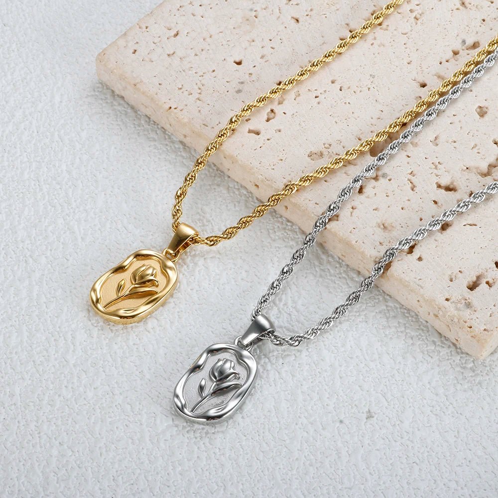 Square Rose Pendant Necklace Fashion Stainless Steel Carved Metal Waterproof Charm Chain Necklace for Women Jewelry 2023 - Melcharm