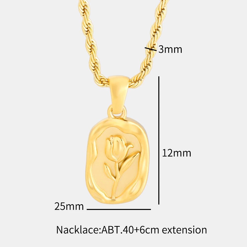 Square Rose Pendant Necklace Fashion Stainless Steel Carved Metal Waterproof Charm Chain Necklace for Women Jewelry 2023 - Melcharm