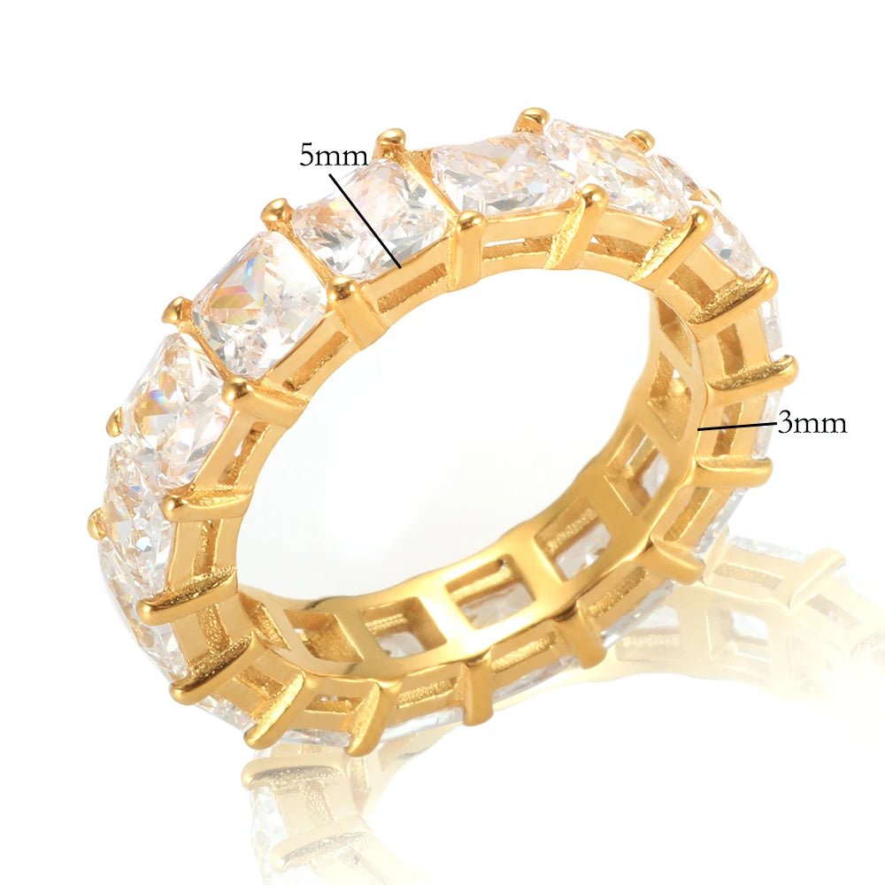 Stainless Steel Gold Plated Full Square Cubic Zirconia Luxury Wedding Shiny Zircon Crystal Ring for Women Jewelry Gift - Melcharm