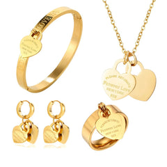 Stainless Steel Heart Pendant Set Fashion Bangles Necklace Earrings Love Charm 18K Gold Plated Waterproof Jewellery Gift - Melcharm