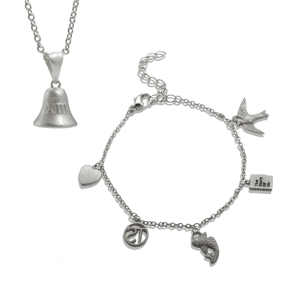 Stainless Steel XIII Bell Necklace Speak Now Swallow Carp Charm Bracelet Fashion Chain Jewelry Set - Melcharm