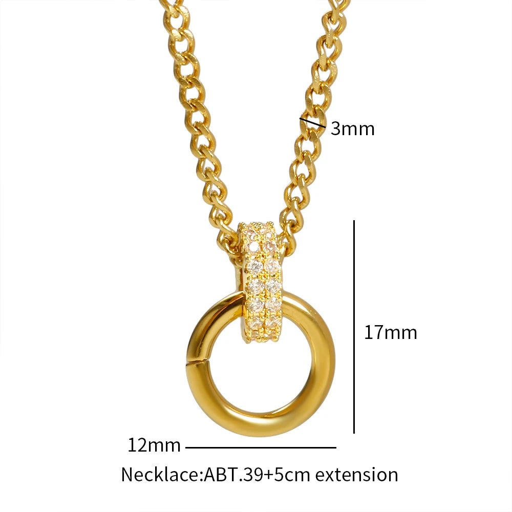 Zirconia Inlaid Luxury Double Round Pendant Stainless Steel Necklace Retro Jewelry - Melcharm